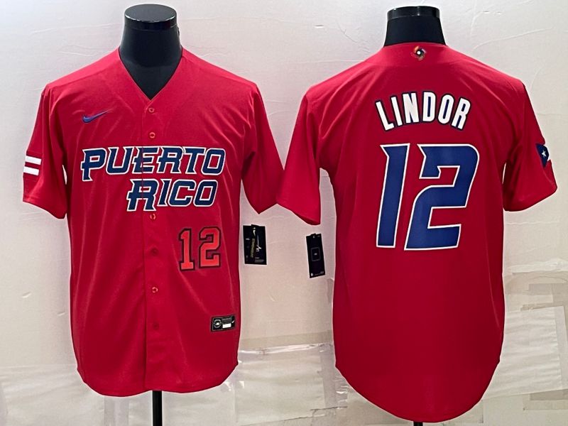 Men 2023 World Cub #12 Lindor Red Nike MLB Jersey1->more jerseys->MLB Jersey